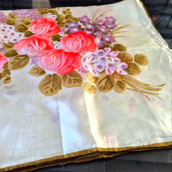 100% Pure Silk Pink Floral And Gold Tones Scarf Hand Rolled Stitch - Picture 1 of 11